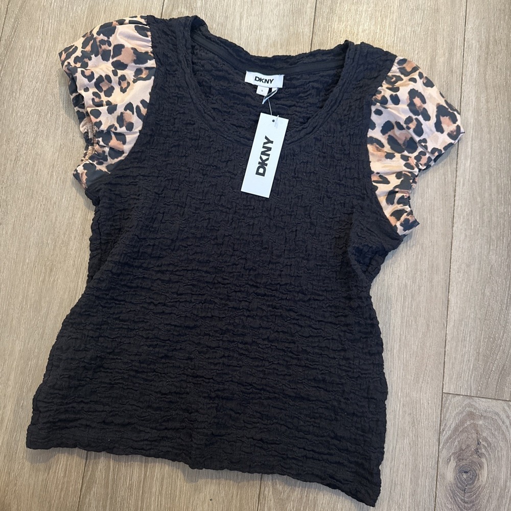 DKNY Women's Black‎ Textured Top Small Cheetah Print Puff Sleeve Stretch NWT